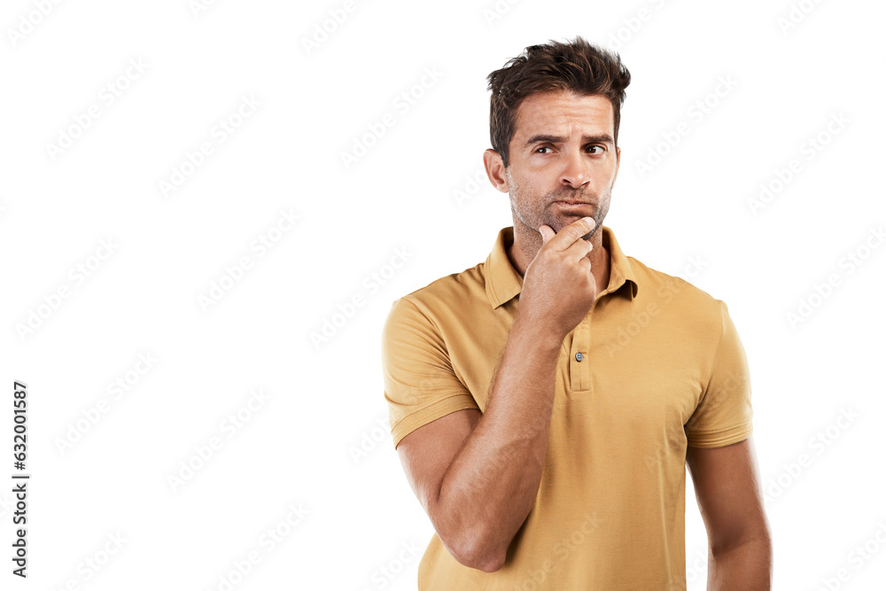 Fototapete man, thinking and confused in future planning, vision and ideas on isolated, transparent or png back
