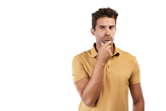 Man, thinking and confused in future planning, vision and ideas on isolated, transparent or png background. Doubt, questions or model person in problem solving for solution, decision or wonder choice