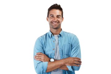 Happy, fashion and arms crossed with portrait of man on png for pride, trendy and confidence. Smile, casual and cool with person from Spain isolated on transparent background for happiness and style