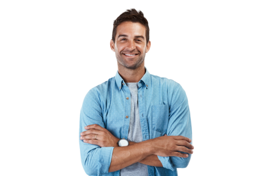 Happy, fashion and arms crossed with portrait of man on png for pride, trendy and confidence. Smile, casual and cool with person from Spain isolated on transparent background for happiness and style