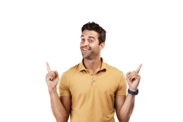 Happy man, portrait or pointing up to a sale, retail product offer or discount deal isolated on png background. Transparent, smile or male person showing results, news info or menu choice promotion