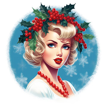 Vintage Christmas pinup girl with holy leaf floral hair style and blue snowflake in the background round design isolated clipart illustration