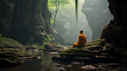 A monk or priest sitting on a rock in front of a cave, thailand Generative AI