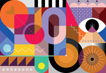 Decorative vector design includes geometric shapes and abstract objects.