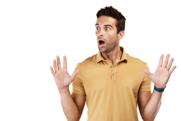 Isolated man, surprise face and shock with thinking for deal, news or announcement by transparent png background. Guy, fashion model and wow with hands in air for secret discount, idea or information