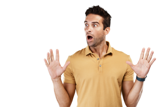 Isolated man, surprise face and shock with thinking for deal, news or announcement by transparent png background. Guy, fashion model and wow with hands in air for secret discount, idea or information