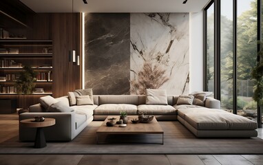 Living room in a minimalist and warm style. AI