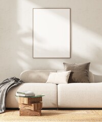 Blank large white photo poster wood frame on white cement wall bedroom over beige sofa, brown cushion pillow, wooden coffee table in sunlight, shadow for art, mural, painting template background 3D