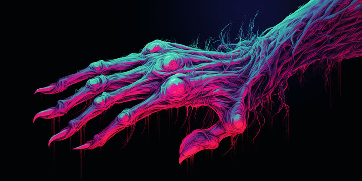 Monster hand with claws. Zombie hand coming out of the ground. Zombie hands. Hand in the forest with scary spooky trees. Neon light. Horror Night scene. Halloween concept. Vector Illustration