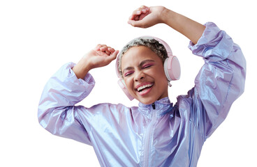 Woman, dance and headphones, music and energy, cyberpunk fashion isolated on transparent png...