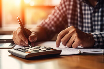 Accounting Calculating Mathematic Economic Finance Concept.Businessman using calculator and writing financial report in office