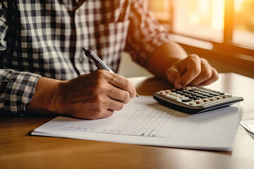 Accounting Calculating Mathematic Economic Finance Concept.Businessman using calculator and writing financial report in office - obrazy, fototapety, plakaty