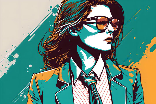 Business woman. Pop art style. Graphic painting. Creative illustration with confident female model in sunglasses classic suit on green white yellow striped background.