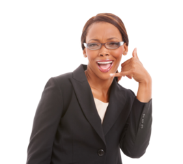 Call me, business woman and hand sign for communication, corporate support, chat and phone emoji. Excited portrait of african person for contact us service isolated on PNG, transparent background