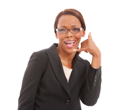 Call me, business woman and hand sign for communication, corporate support, chat and phone emoji. Excited portrait of african person for contact us service isolated on PNG, transparent background