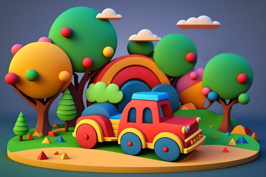 Cartoon toy. Construction playground. Graphic illustration. Creative art with red lorry auto on nature installation with green yellow trees 3d design.