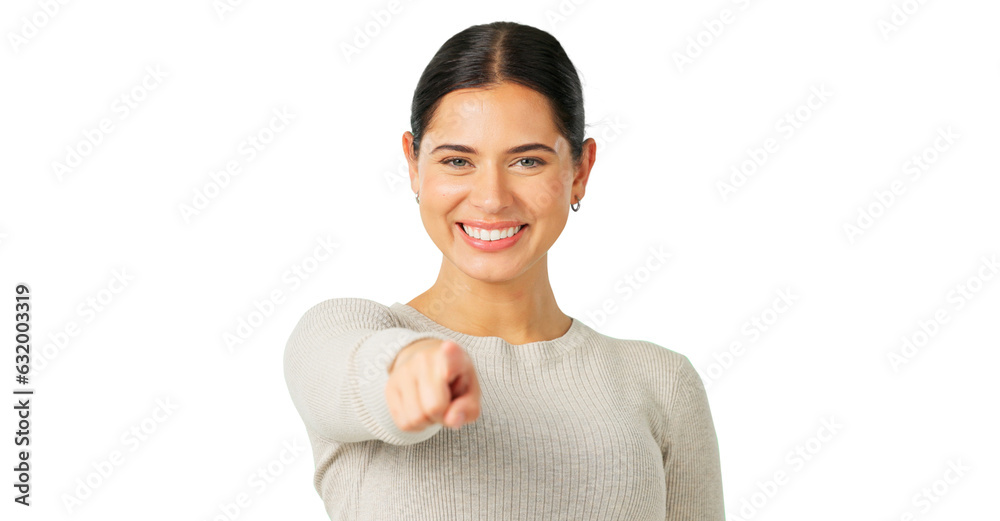 Poster Portrait, you and a woman pointing while excited for a decision isolated on a transparent background to vote. Opportunity, smile and selection with a happy young female person on PNG for a choice