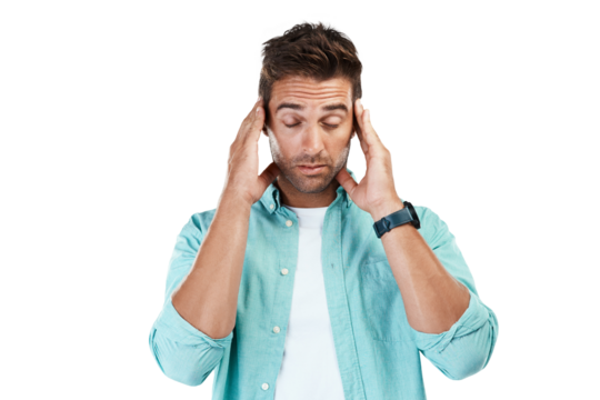 Dizzy, tired or man with headache stress, brain fog or burnout isolated on transparent png background. Exhausted face, sleepy or sick person frustrated with head pain, anxiety or migraine crisis