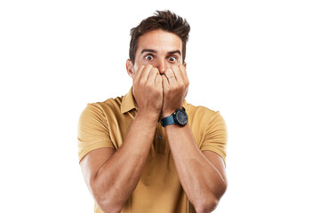 Man, portrait and scared with hands on mouth in anxiety, fear or nervous stress on isolated,...