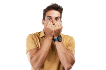 Man, portrait and scared with hands on mouth in anxiety, fear or nervous stress on isolated, transparent or png background. Worried model, emoji or biting nails for bad news, mistake or terror crisis