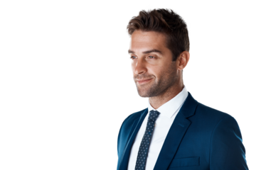 Confident businessman with smile, pride and broker isolated on transparent png background in USA. Business fashion, career man or professional consultant in blue suit, happy face of trader in profile