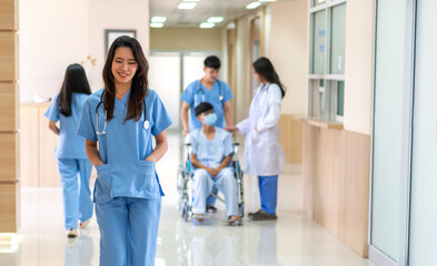 Group of professional medical doctor team work with stethoscope in uniform working discussing and talk with sick patient walking in hospital.health medical care concept