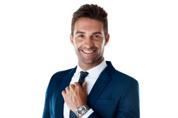 Portrait of confident businessman with tie, smile and broker isolated on transparent png background. Business fashion, proud career man or professional consultant in suit, happy face of trader in USA