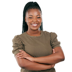 Black woman, portrait and smile with arms crossed with casual style, fashion and confidence. Happy,...