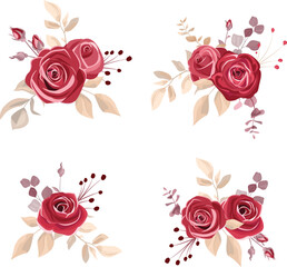 Bouquet with maroon flowers and green leaves.
maroon flower stems. Wedding invitation wallpaper, stationery, fashion prints.