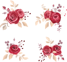 Raamstickers Bloemen Bouquet with maroon flowers and green leaves. maroon flower stems. Wedding invitation wallpaper, stationery, fashion prints.