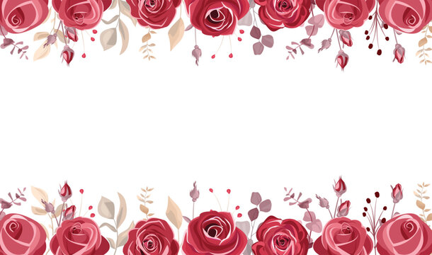 Bouquet of maroon rose flower border, on white background. Wedding invitation wallpaper, stationery, fashion prints. Eucalyptus roses