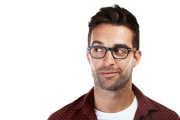 Eye care, thinking and man with glasses or new frames as vision isolated in a transparent or png background. Spectacles, optometry and person or businessman with style, fashion and ideas of eyewear