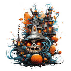 A Halloween haunted house t-shirt design in a whimsical carnival setting, with the haunted house as a haunted funhouse, Generative Ai