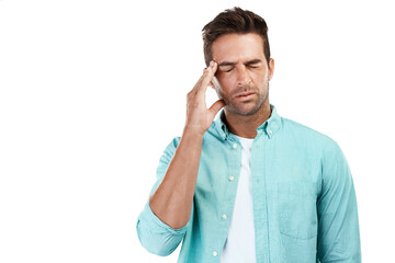 Tired, stress or man with headache, anxiety or burnout isolated on transparent png background....
