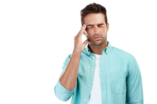 Tired, stress or man with headache, anxiety or burnout isolated on transparent png background. Exhausted, sad person or face of sick person frustrated with head pain or depression or migraine crisis