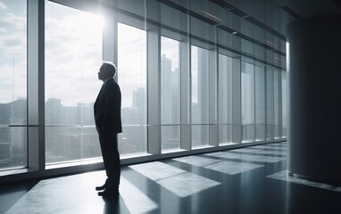 Business man looking outside the window in an office. white light room