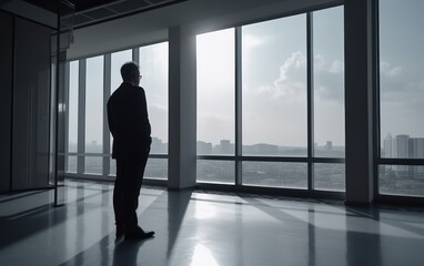Fototapeta na wymiar Business man looking outside the window in an office. white light room