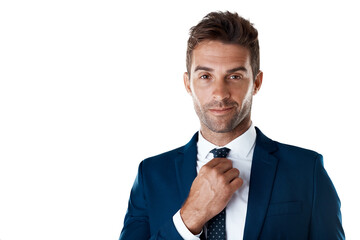 Portrait of confident businessman fixing tie with smile and broker isolated on transparent png...