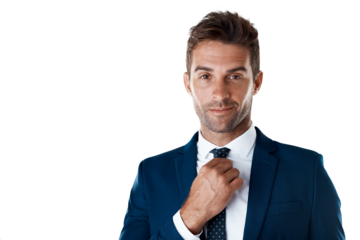 Portrait of confident businessman fixing tie with smile and broker isolated on transparent png background. Business fashion, proud career man or professional consultant in suit, happy face of trader.