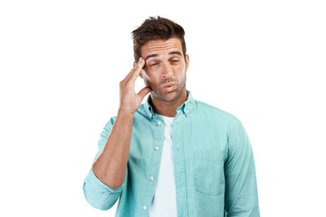 Dizzy, stress or tired man with headache, burnout or brain fog isolated on transparent png...