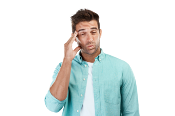 Dizzy, stress or tired man with headache, burnout or brain fog isolated on transparent png background. Exhausted, fail or sick male person frustrated with head pain or depression or migraine crisis