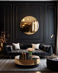 High-end living room luxury interior in black and gold color