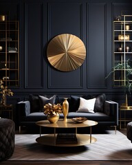High-end living room luxury interior in black and gold color