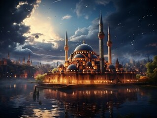 Fototapeta na wymiar Beautiful islamic mosque with night moon sky and cloud photo wallpaper generative ai