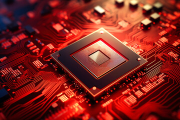 A powerful computer processor or chip on a motherboard. Modern technologies. Red background.