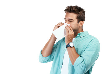 Sinus virus, blowing nose or man sick by hay fever illness, flu disease or allergy by sneezing with...