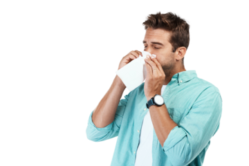 Sinus virus, blowing nose or man sick by hay fever illness, flu disease or allergy by sneezing with tissue. Nasal infection problem, toilet paper or male person isolated on transparent png background