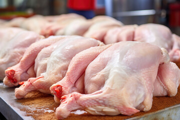 Poultry farm production of chicken meat. Industrial production and packaging of chicken meat. Chicken carcasses and tenderloin. modern food industry.