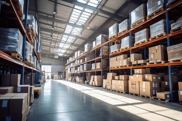 Obraz premium Interior of a modern warehouse. Large space for storing and moving goods. Logistics. Trade in the modern world.