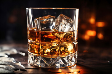 Whiskey in glass with cubes of ice on dark wooden rustic background, close up.